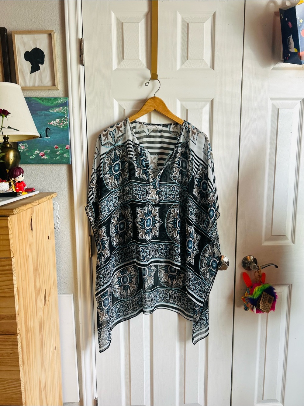 Poema blue bohemian pattern sheer high low batwing layering blouse